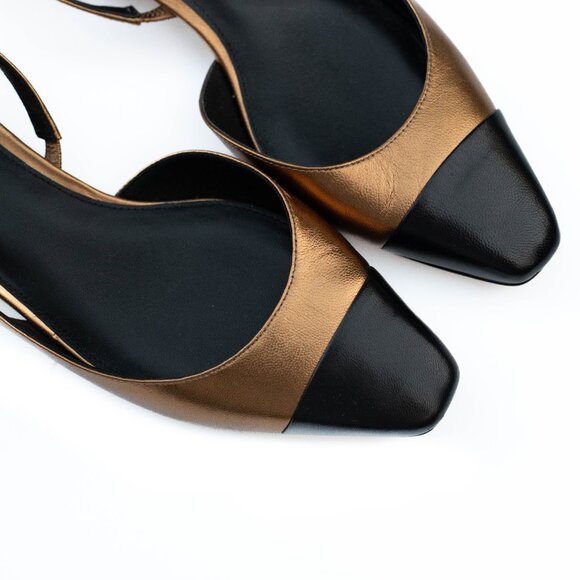 Veronica Beard Cecile Slingback Flats Gold Black Leather Cap Toe 9M Shoes NWOB - Picture 8 of 13